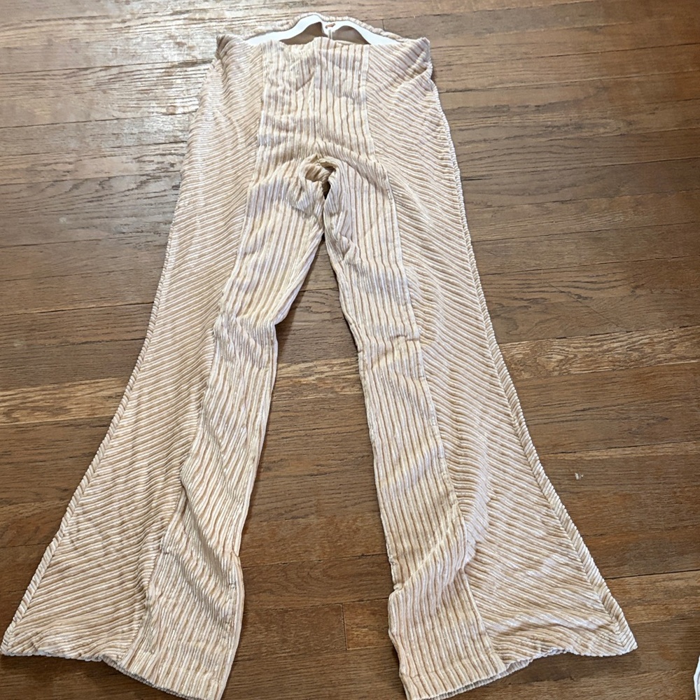Free People Cream Ribbed Wide-Leg Knit Pants